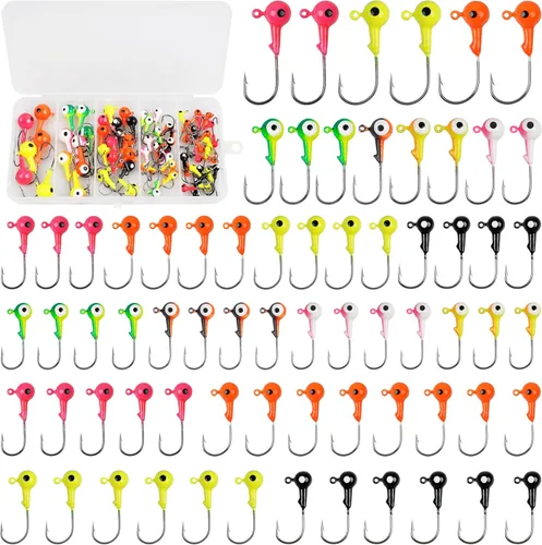 Vista 9 de Kit de ganchos para cabeza de plantilla de pesca, 69/70 piezas de bolas redondas de crappie cabezas señuelos de pesca pintados surtidos señuelos