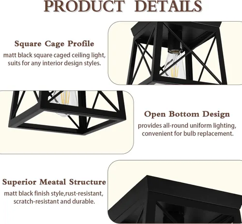 Vista 3 de 1 Light Black Industrial Flush Mount Ceiling Light Fixture - Square Farmhouse Caged Ceiling Light for Closet Kitchen Hallway Porch, E26, Dimmable