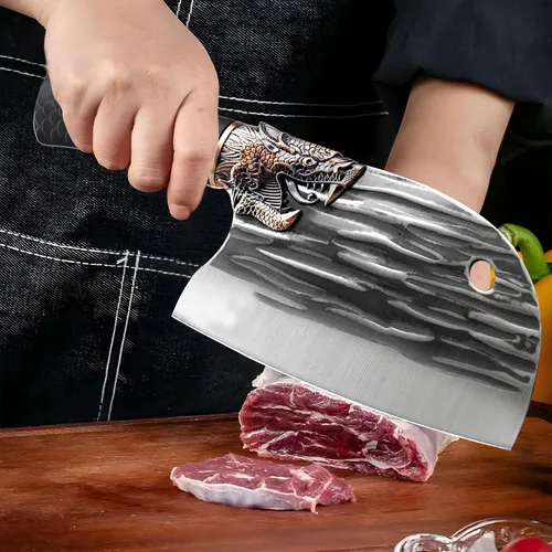 Vista 3 de LONGQUAN Serbian Chef Knife Sharp Kitchen Knife Butcher Knife Pro Meat Cleaver Knife Handmade Forged Meat Cutting Cleaver 6.2" with Anti-slip