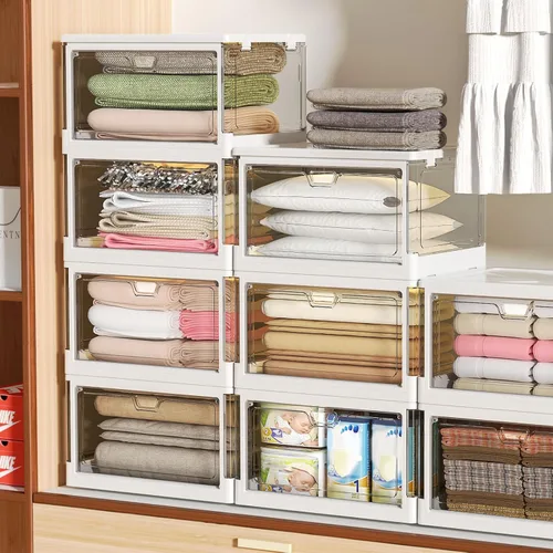 Vista 5 de Kmiectse Contenedores de almacenamiento transparentes con tapa, paquete de 3 unidades, apilables y resistentes, plegables de plástico