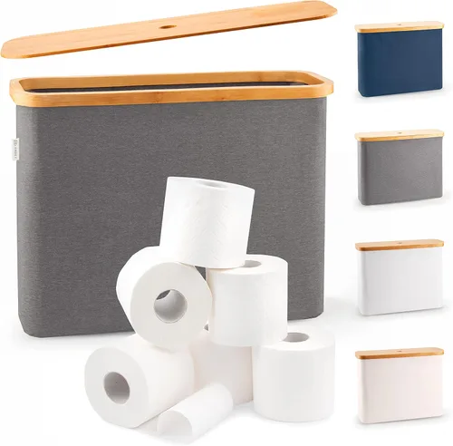 Vista 3 de Cesta de lavandería gris con tapa – XL 100 L – Cestas grandes para lavandería con asas – Contenedor alto de bambú para ropa sucia Cesta de papel