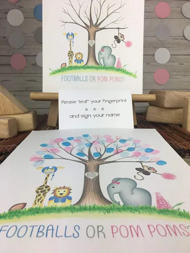 Vista 9 de Footballs or Pom Poms Gender Reveal Party Fingerprint Tree with Jungle Animals