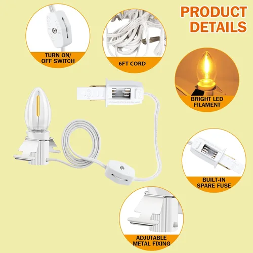 Vista 3 de Luces LED de Molde Soplado C7 de Villa Navideña. 6 pies con Interruptor y Fusible, Adecuadas para Linternas de Calabaza de Halloween de Interiores