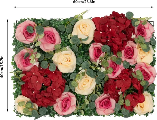Vista 3 de 12 paneles de pared de flores artificiales, telón de fondo floral de 24 x 16 pulgadas, decoración de pared de flores de seda con rosas de seda