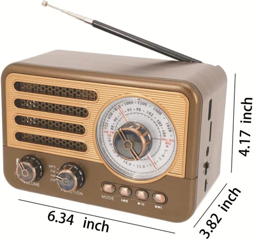 Vista 3 de Radio portátil retro AM/FM con reproductor de MP3, batería recargable, luz LED, diseño de grano de madera