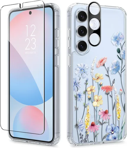 Vista 106 de GVIEWIN Funda protectora para Samsung Galaxy S25, transparente floral, delgada, a prueba de golpes, para mujer, no se pone amarilla, con protector