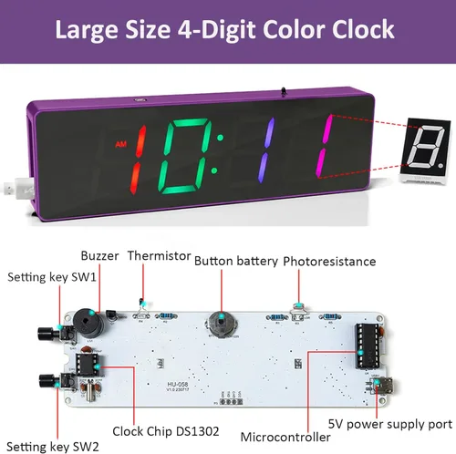 Vista 3 de Kit de soldadura de reloj RGB para bricolaje, colorido kit de reloj digital de 4 dígitos, proyecto de soldadura de bricolaje, kit de reloj