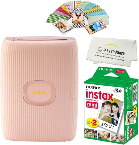 Vista 6 de Fujifilm Instax Mini Link 2 Impresora para Smartphone Más Películas Instax Mini Paquete de 20. Más Pegatinas. Paño de Microfibra Multiuso de Blanco