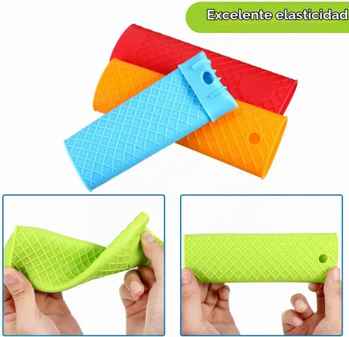 Vista 5 de 5 piezas de silicona para mango caliente, funda de goma resistente al calor, agarraderas de cocina para sartenes de hierro fundido, sartenes