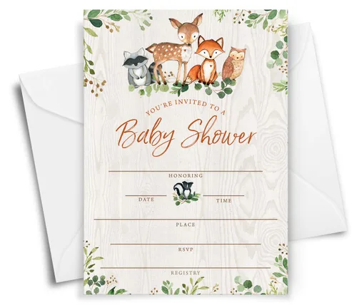 Vista 3 de Printed Party Invitaciones y sobres para baby shower, animales del bosque, juego de 25