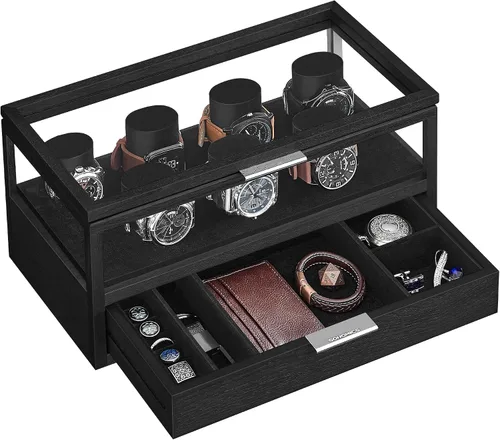 SONGMICS Caja de reloj de madera de 2 niveles, caja de visualización de reloj, soporte de reloj con 7 pilares, cajón, acrílico, tapa y chapa de