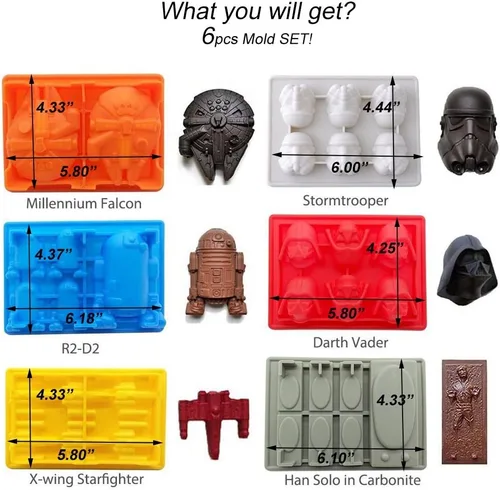 Vista 6 de Molde en forma de Star War, juego de 6 moldes flexibles de silicona para amantes de Star Wars, robots, decoración de pasteles de cumpleaños, moldes