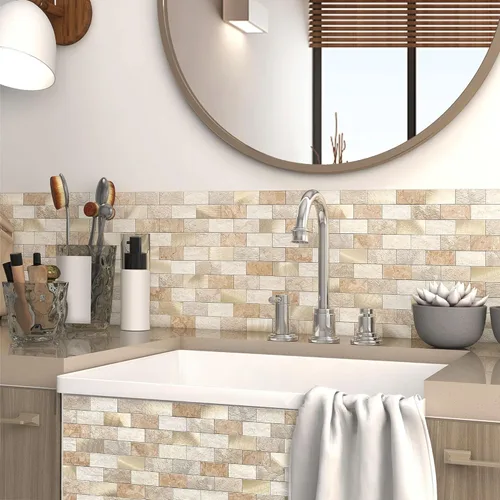 Vista 3 de VAOVI Azulejos de cocina para despegar y pegar para salpicaduras de metro autoadhesivos, adhesivos de pared para baño (10 hojas, Marrón Oro)