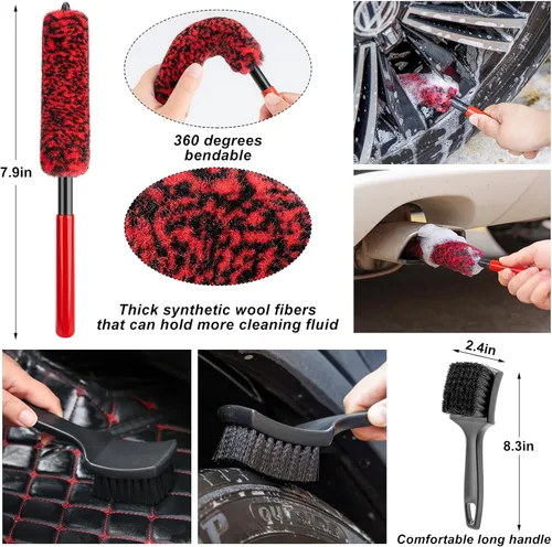 Vista 4 de 16Pcs Kit de Limpieza para Lavado de Auto con Pistola de Espuma, Cepillos de Detalle, Herramienta de Limpieza de Parabrisas, Cepillos para Llanta