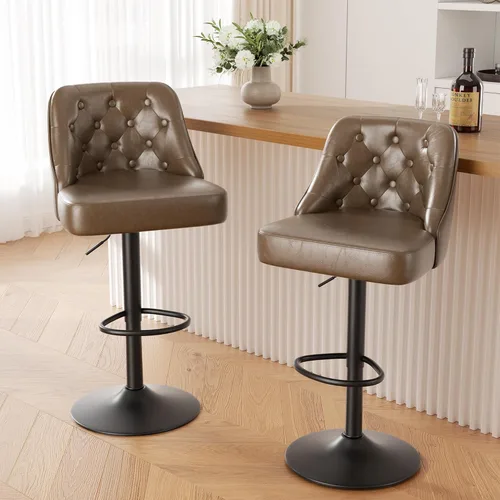 Vista 46 de Juego de 2 taburetes de bar, taburete de bar ajustable con respaldo, sillas de bar tapizadas de piel sintética, taburetes de bar giratorios modernos