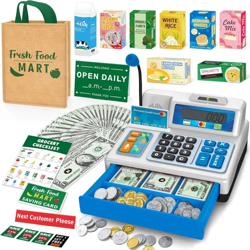 Vista 8 de Juguete de Caja Registradora con Calculadora para Niños de 3, 4, 5, 6, 7, 8+ Años, Set de 120 Piezas de Tienda de Comestibles con Micrófono, Cajas