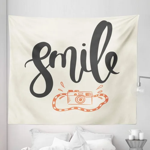 Vista 6 de Lunarable Smile Tapestry, Cursive Calligraphy with Retro Camera Photography Themed, Fabric Wall Hanging Decor for Bedroom Living Room Dorm, 23" X