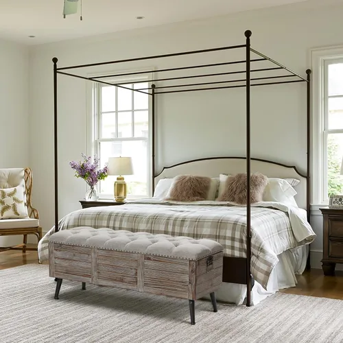 Vista 8 de LuxenHome - Banco de almacenamiento para el extremo de la cama, banco largo tapizado de madera de 47 pulgadas con almacenamiento, reposapiés beige