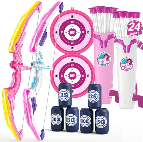Vista 16 de HYES Arco y flecha para niños, juego de tiro con arco con luz LED con 12 flechas de ventosa, 1 objetivo para colgar, 3 objetivos de puntuación y 1