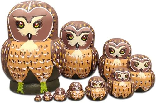 Moonmo Juego de muñecas de anidación rusas hechas a mano con búho marrón, 10 uds