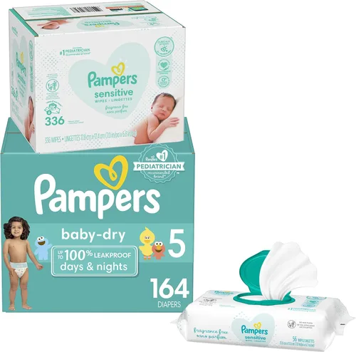 PAMPERS - Pañales desechables Baby Dry talla 5 por 164 unidades; suministro para un mes que incluye 6 paquetes con tapa de toallitas para bebé por