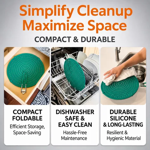 Vista 6 de Pantalla contra salpicaduras de silicona para sartén Verde 13" No más salpicaduras de aceite Mango plegable con fundas, resistente al calor