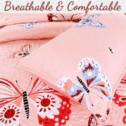 Vista 5 de Cozy Line Home Fashions Juego de colcha reversible de microfibra rosa para niñas (mariposas, tamaño individual, 2 piezas)