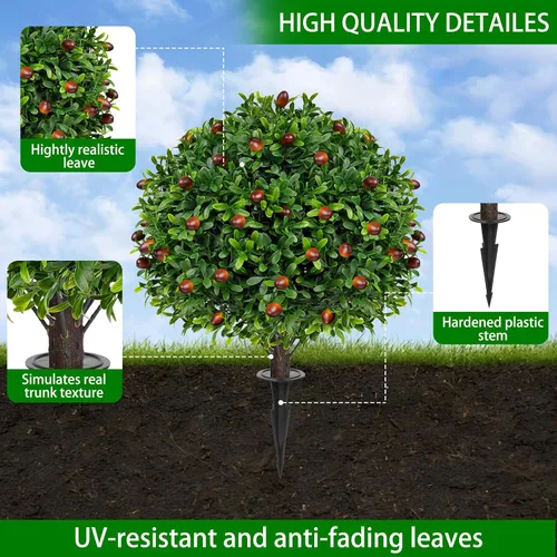 Vista 7 de Yangrass Árboles de bola de olivo artificial con estaca de tierra, juego de 2 arbustos artificiales resistentes a los rayos UV, arbustos