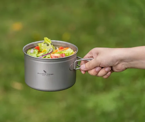 Vista 7 de Juego de sartenes de titanio con mango plegable para acampar al aire libre, sopa, tazón, sartén, kit de utensilios de cocina de picnic