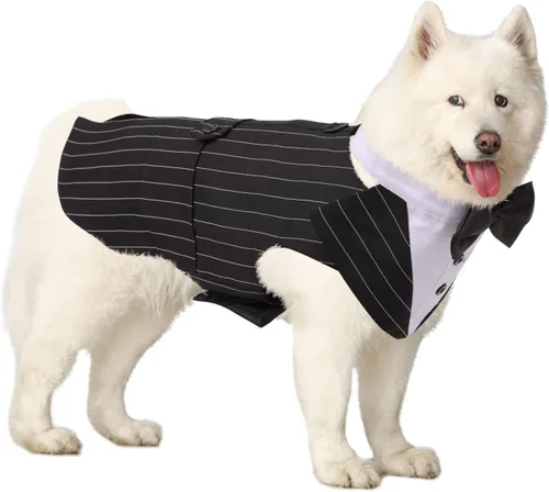Vista 21 de DORA BRIDAL Esmoquin para perros pequeños, traje de perro y corbatín, traje formal de boda para perros, conjunto de esmoquin y bandana