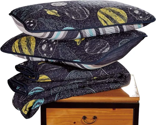Vista 3 de Home Collection - Colcha acolchada Universo Galaxy Sistema Solar Azul Marino Amarillo Azul Para Niños/Adolescentes # Little Galaxy (Full)
