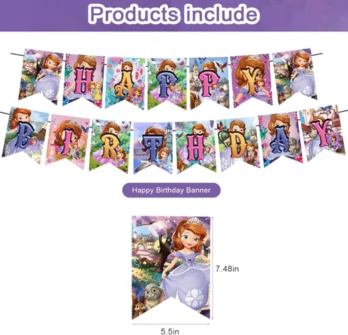 Vista 2 de Decoración de fiesta de cumpleaños de la princesa Sofía, la princesa Sofía, incluye pancarta de cumpleaños con temática de princesa, decoración