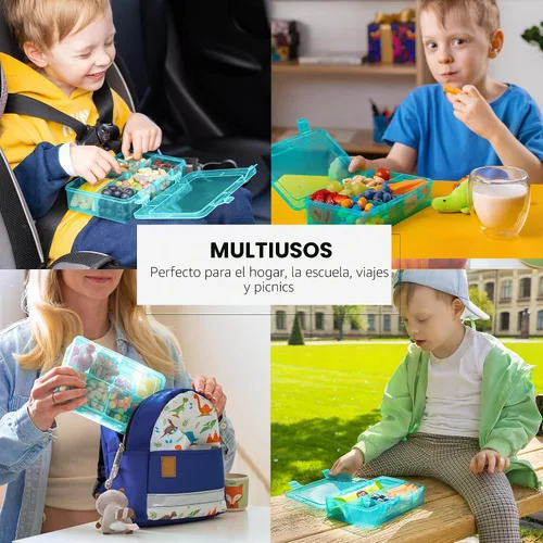 Vista 7 de Juego de 2 Recipientes para Aperitivos - Reutilizables, 100 Etiquetas Disolubles, 8 Compartimentos Ajustables, Apto para Lavavajillas, Sin BPA Azul