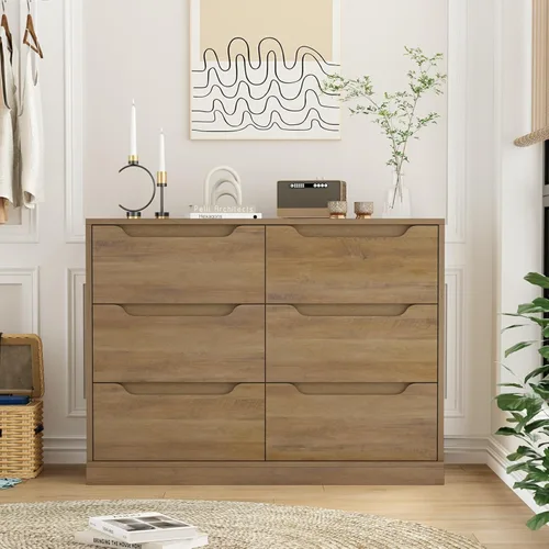 Vista 5 de Hostack - Cómoda moderna de 6 cajones para dormitorio, cómoda de madera doble con almacenamiento, organizador de almacenamiento grande con mango