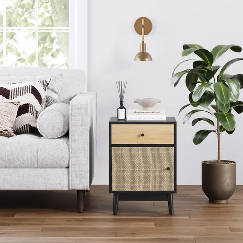 Vista 3 de Nathan James Bonnie Wood End Side Accent Table Nightstand with Storage for Living Room or Bedroom, 1, Black Oak/Rattan