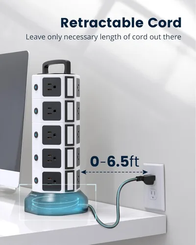 Vista 3 de Regleta de alimentación con protector de sobretensiones, 20 tomacorrientes, 6 USB (2 USB C), cable de extensión con múltiples tomas, extensor
