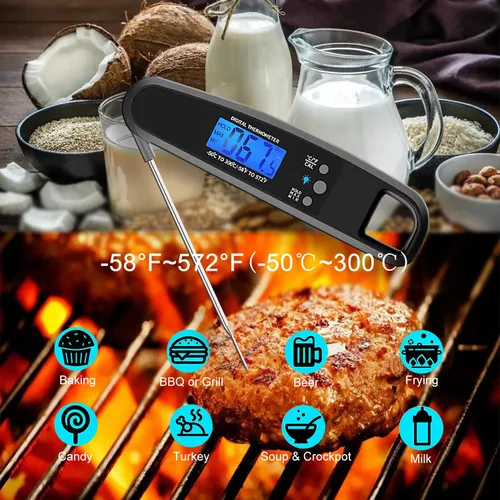 Vista 8 de Termómetro digital para carne, termómetro de cocina impermeable IP67 con luz de fondo y función de sujeción, termómetro de lectura instantánea