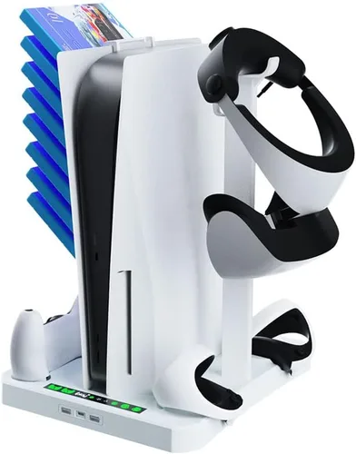 SINBEAUTIES para estación de carga del controlador PSVR2, estación de carga de 5 manijas Playstation y soporte de ventilador de refrigeración,