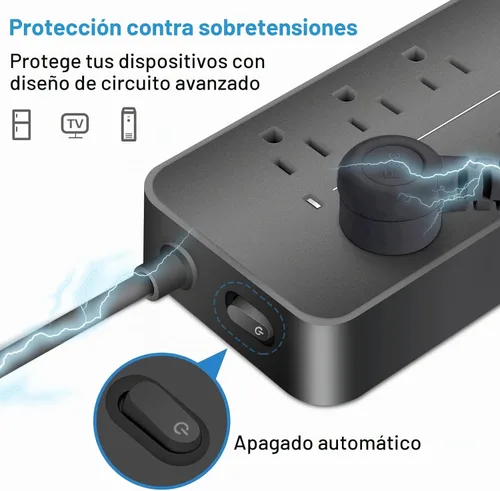 Vista 3 de Cable de extensión con protector de sobretensiones – Barra de alimentación trenzada de enchufe plano con 8 tomas amplias y 4 puertos USB (1 USB C)