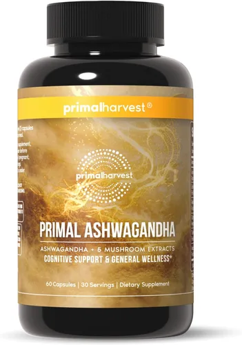 Primal Harvest Suplemento Ashwagandha con 5 extractos de hongos: melena de león, reishi, cordyceps, cola de pavo y maitake para apoyo inmunológico y