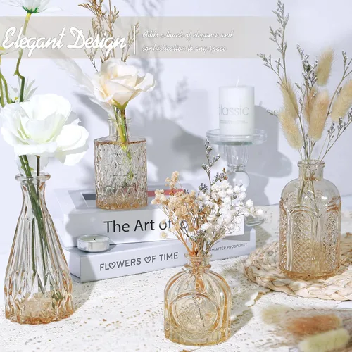 Vista 5 de TBWIND Juego de 24 jarrones de vidrio con brotes, pequeños jarrones de flores ámbar para centros de mesa a granel, mini jarrón vintage