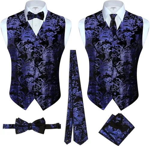 Vista 24 de Gioberti Chaleco formal de cachemira de 4 piezas para hombre, corbatín y pañuelo de bolsillo Negro B