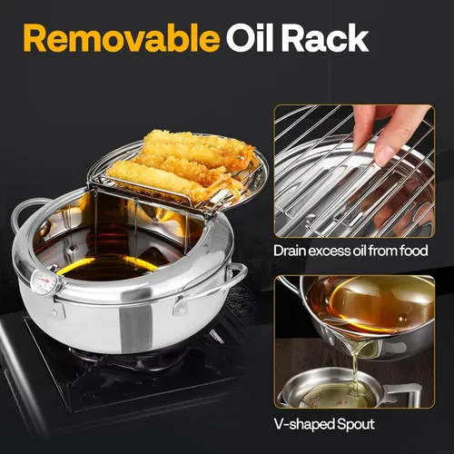 Vista 6 de VIVOHOME Olla de Freidora Profunda de 9.8 Pulgadas 3.2 L de Acero Inoxidable 304 con Pinza, Sartén para Tempura con Termómetro para Pollo, Pescado