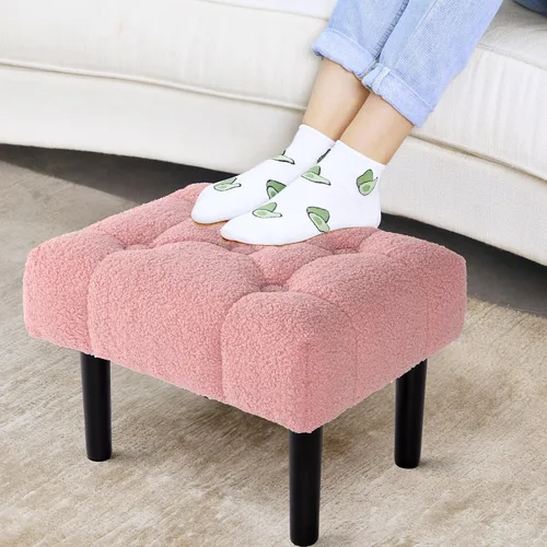 Vista 9 de HOUCHICS Taburete acolchado de piel, pequeño reposapiés otomano con patas de madera, moderno reposo rectangular para sala de estar, sofá, escritorio