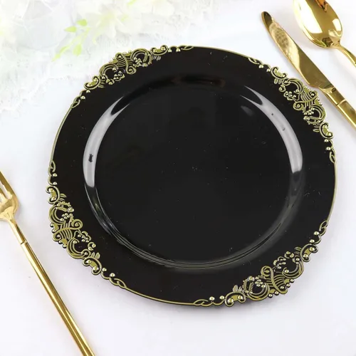 Vista 35 de Efavormart - Paquete de 10 platos redondos de plástico para ensalada de postre de 8 pulgadas, color negro/dorado, vajilla desechable con borde