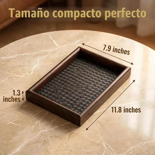 Vista 2 de Bandeja de valet de madera con base de cuero, bandeja EDC Catchall