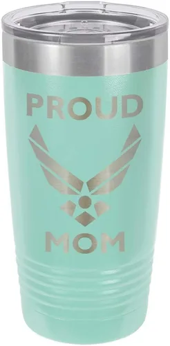PROUD AIR FORCE MOM TEAL Vaso de bebida de 20 oz con pajita | Taza de viaje grabada con láser con citas divertidas | Comparar con Yeti Rambler |