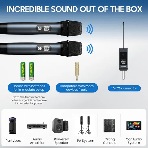 Vista 7 de Micrófono inalámbrico, sistema de micrófono dinámico de metal inalámbrico dual UHF con receptor recargable, adecuado para cantar karaoke, bodas