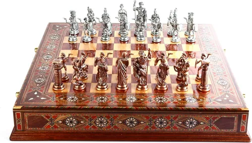 Vista 2 de Metal Chess Set for Adult Historical Antique Copper Rome Figures Handmade Pieces and Natural Solid Wooden Chess Board with Original Pearl Around