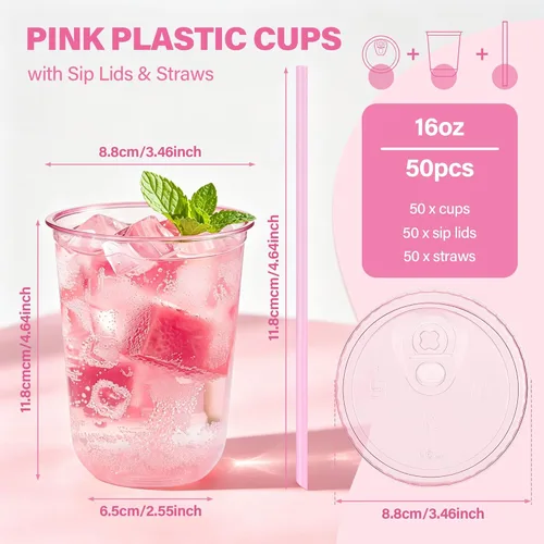 Vista 2 de KesaPlan 50 Pack 16oz Pink Plastic Cups with Sip Lids & Straws, Disposable Iced Coffee Cup for Party Catering Wedding, Round Bottom To Go Drink Cup
